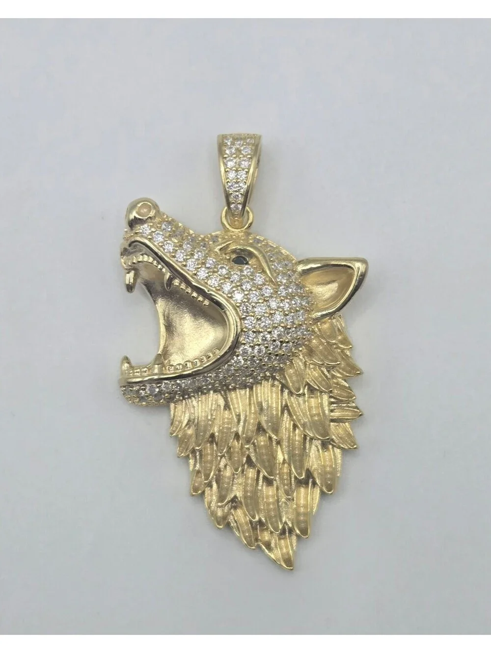 NEW Solid 925 Steling Silver 1.5CTW MOISSANITE Wolf Head Pendant, 14k Gold Over